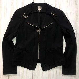 NWOT ANNE KLEIN BLACK KNIT MOTO STYLE BLAZER JACKET W/GOLD ZIPPER/SHOULDER PADS